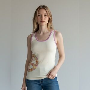 Monki Floral Peace Sign Tank Top Ivory Pink Trim